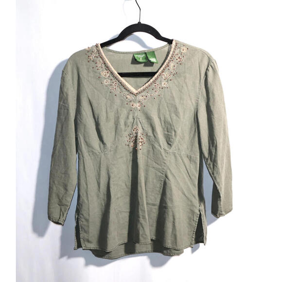 Forest Fairy Green Linen Blend Beaded Top‎ V Neck 3/4 Long Sleeve Boho Woodsy L - Picture 1 of 9
